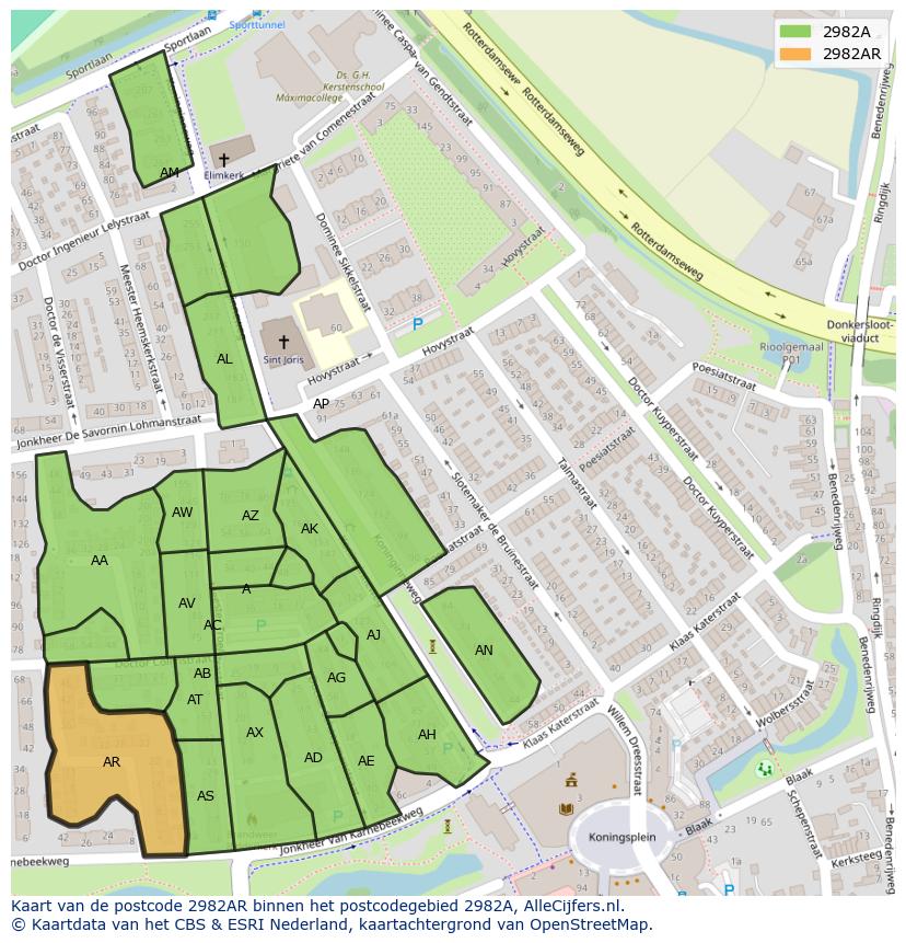 Afbeelding van het postcodegebied 2982 AR op de kaart.