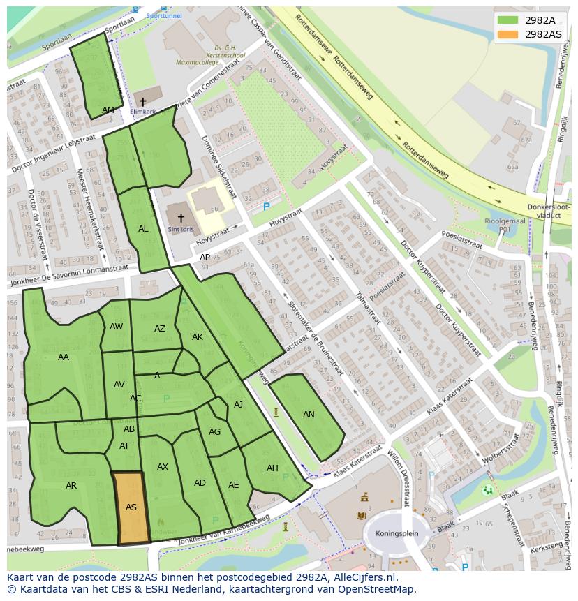 Afbeelding van het postcodegebied 2982 AS op de kaart.