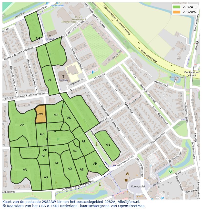 Afbeelding van het postcodegebied 2982 AW op de kaart.
