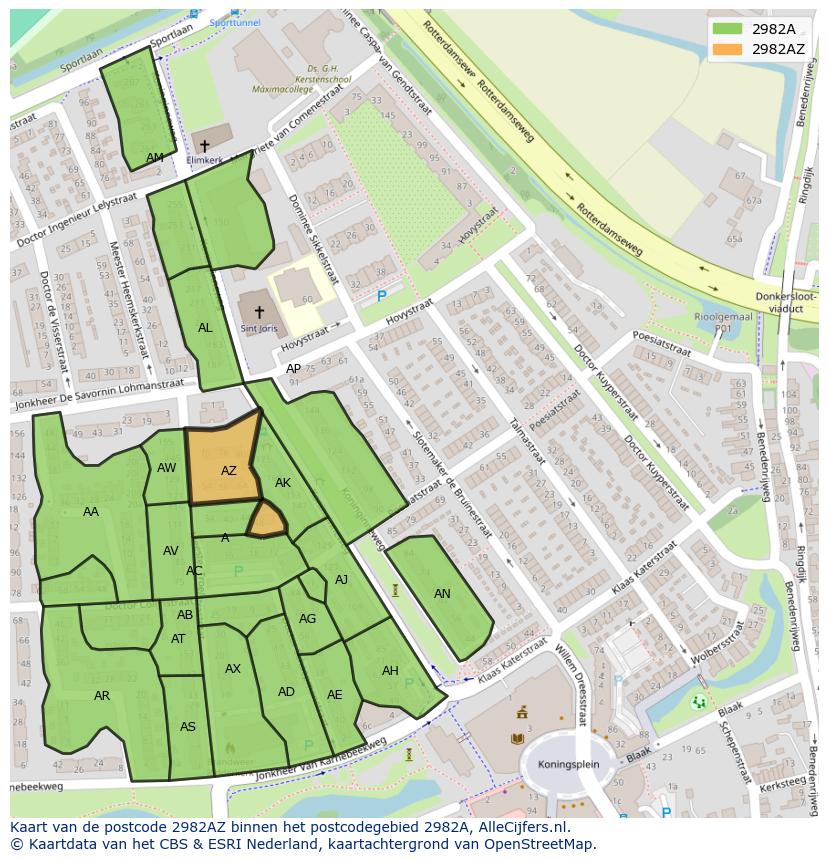 Afbeelding van het postcodegebied 2982 AZ op de kaart.