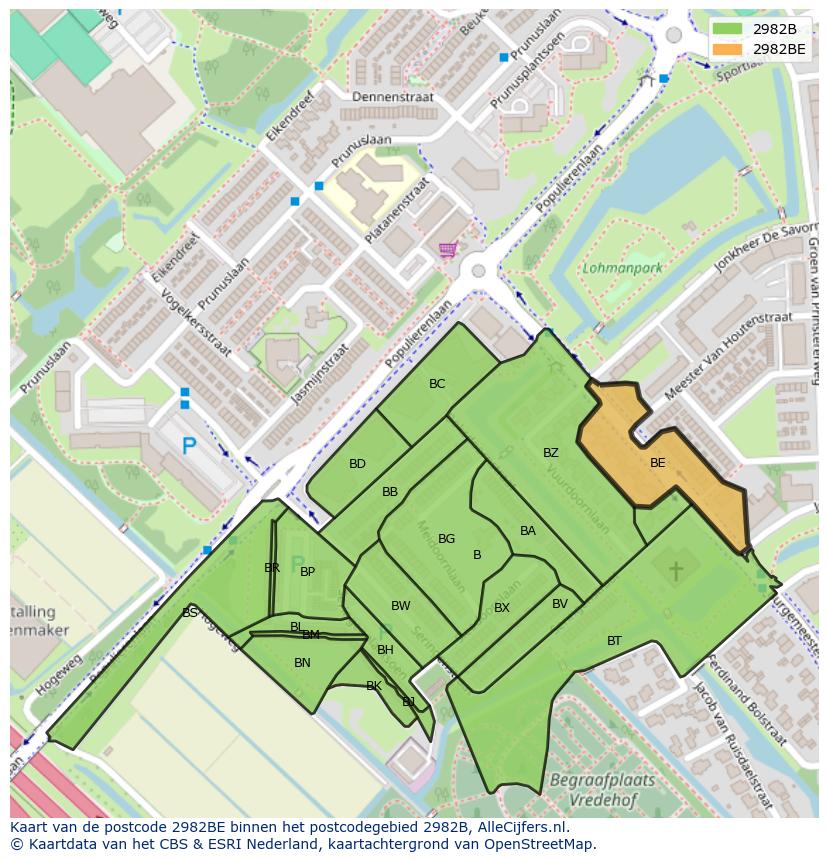Afbeelding van het postcodegebied 2982 BE op de kaart.
