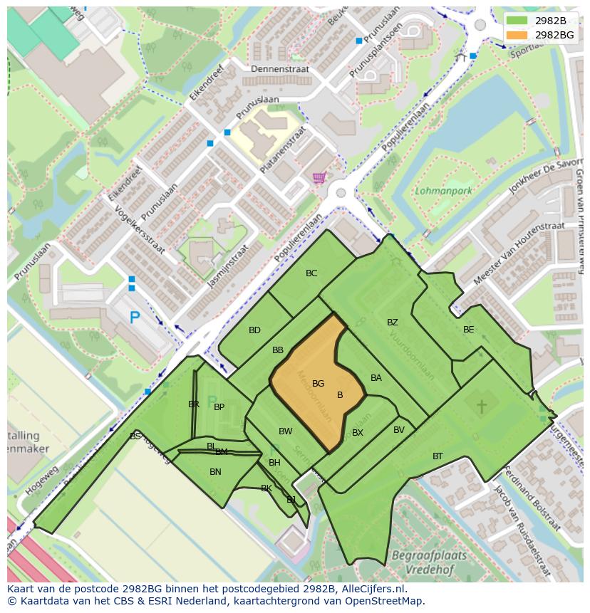 Afbeelding van het postcodegebied 2982 BG op de kaart.