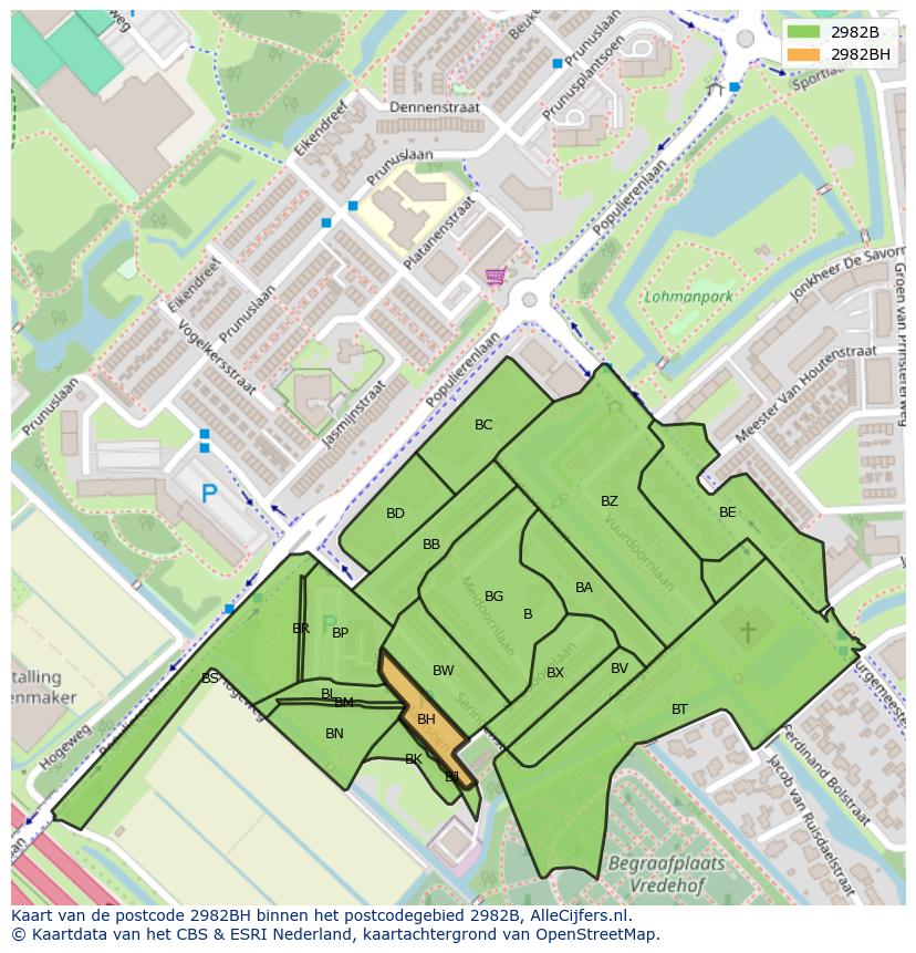 Afbeelding van het postcodegebied 2982 BH op de kaart.