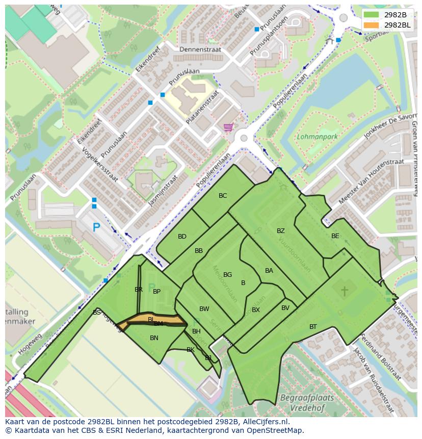 Afbeelding van het postcodegebied 2982 BL op de kaart.