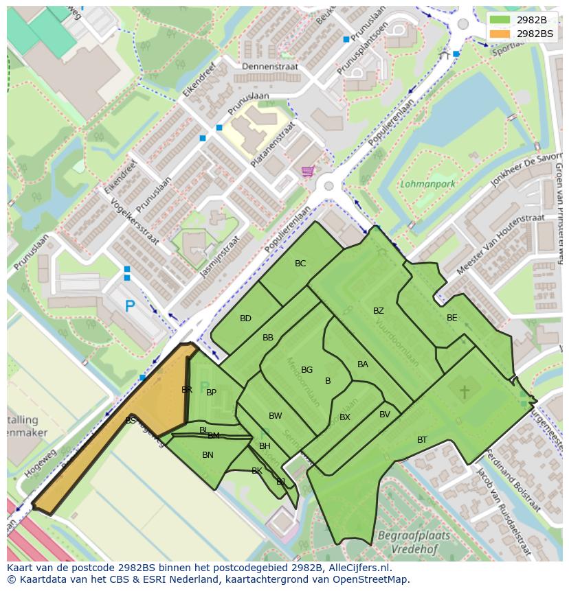 Afbeelding van het postcodegebied 2982 BS op de kaart.