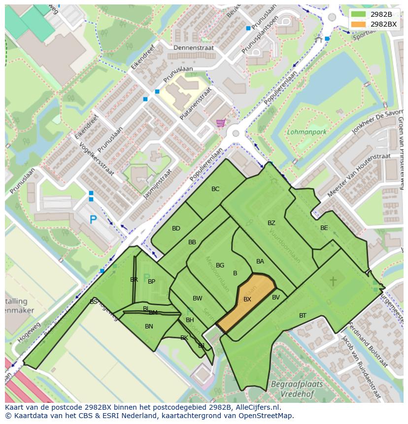 Afbeelding van het postcodegebied 2982 BX op de kaart.