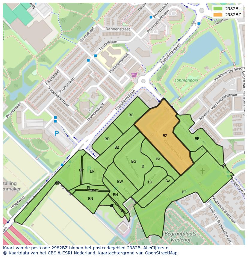 Afbeelding van het postcodegebied 2982 BZ op de kaart.