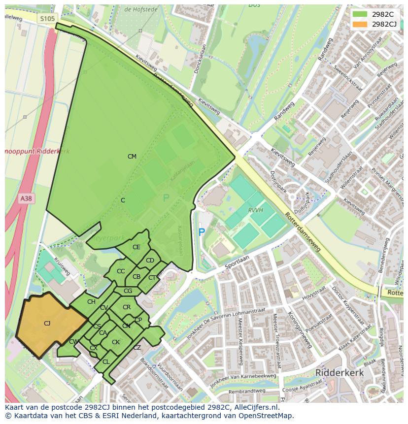Afbeelding van het postcodegebied 2982 CJ op de kaart.