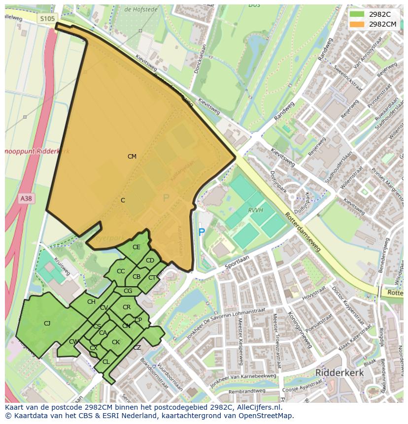 Afbeelding van het postcodegebied 2982 CM op de kaart.