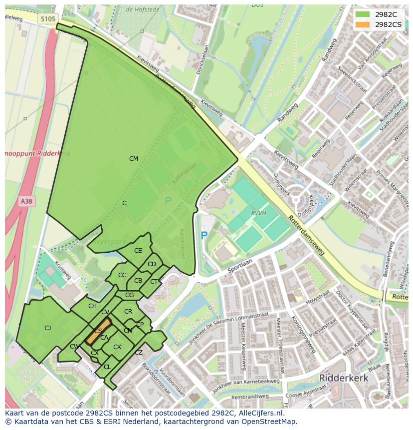 Afbeelding van het postcodegebied 2982 CS op de kaart.