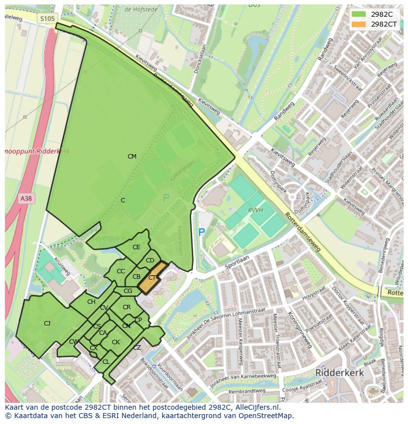 Afbeelding van het postcodegebied 2982 CT op de kaart.