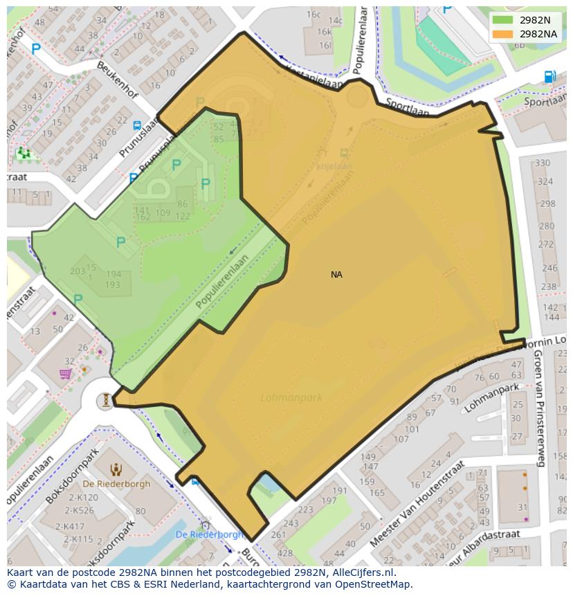 Afbeelding van het postcodegebied 2982 NA op de kaart.
