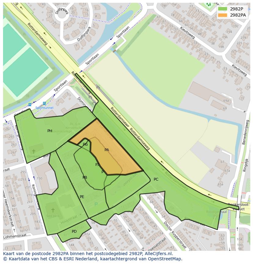 Afbeelding van het postcodegebied 2982 PA op de kaart.