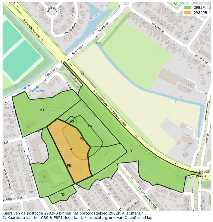 Afbeelding van het postcodegebied 2982 PB op de kaart.