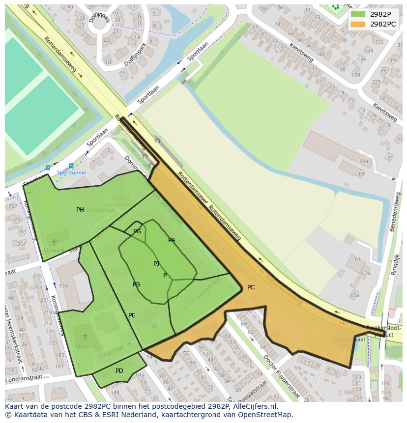 Afbeelding van het postcodegebied 2982 PC op de kaart.