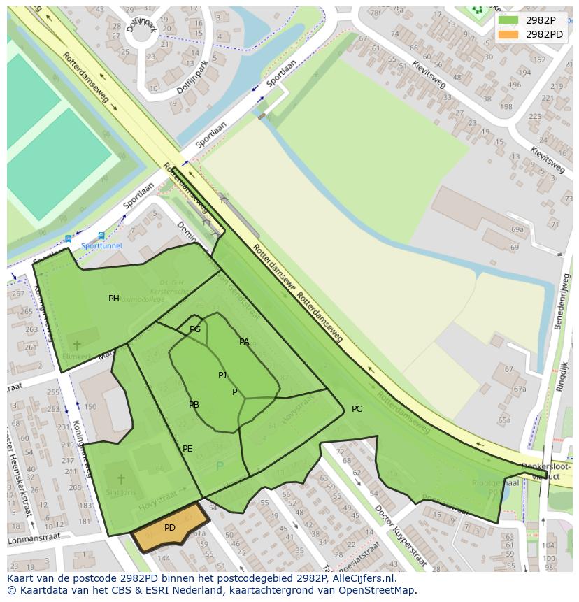 Afbeelding van het postcodegebied 2982 PD op de kaart.