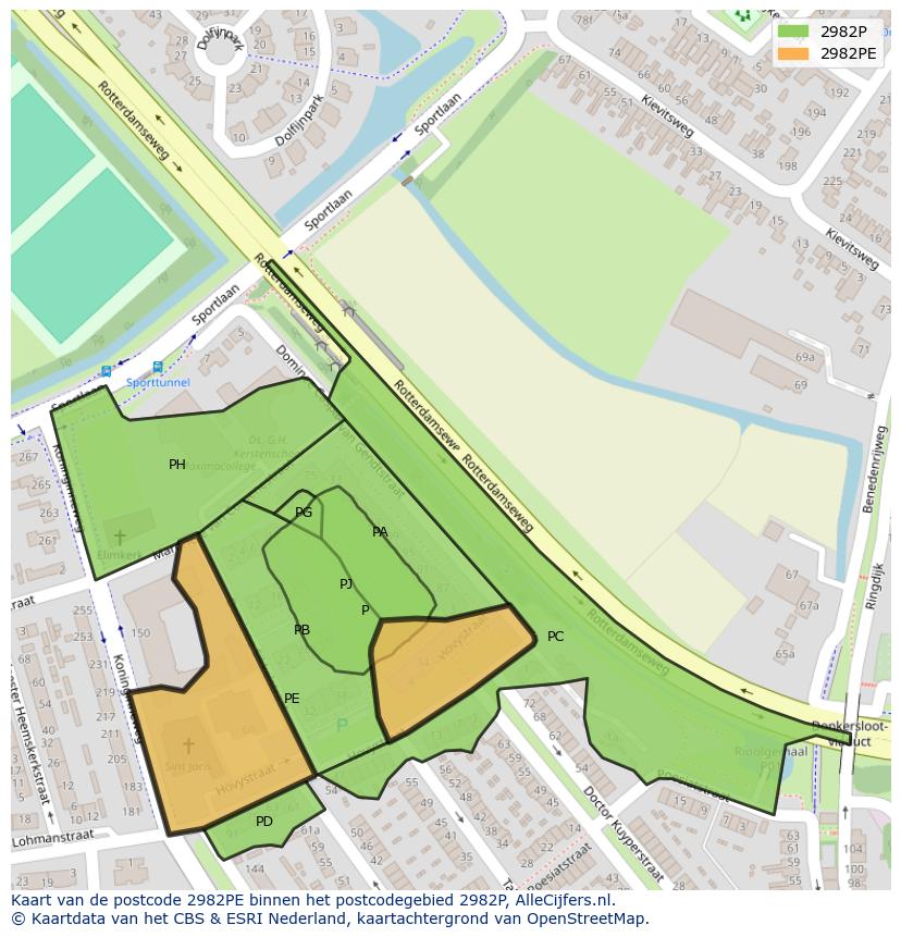 Afbeelding van het postcodegebied 2982 PE op de kaart.