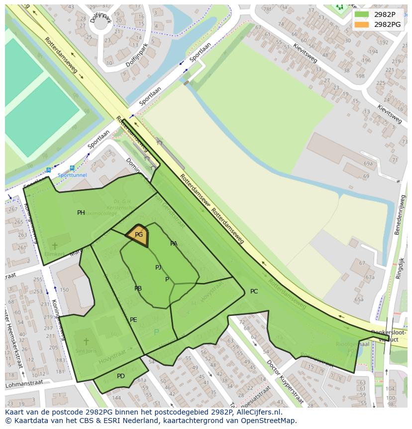Afbeelding van het postcodegebied 2982 PG op de kaart.