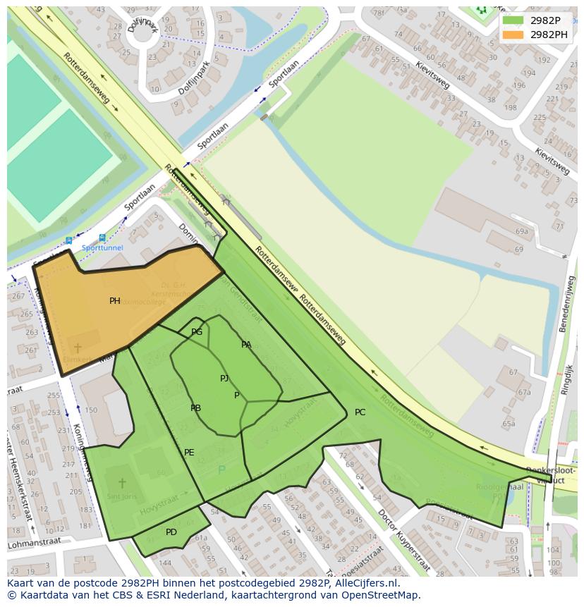 Afbeelding van het postcodegebied 2982 PH op de kaart.