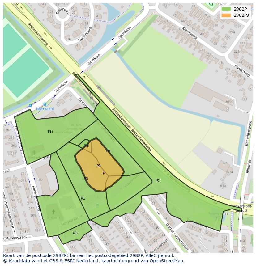 Afbeelding van het postcodegebied 2982 PJ op de kaart.