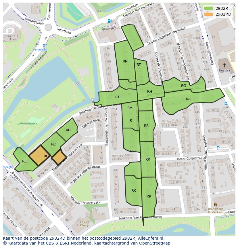 Afbeelding van het postcodegebied 2982 RD op de kaart.