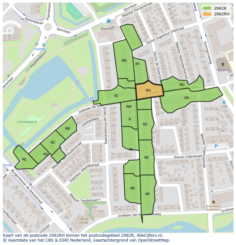 Afbeelding van het postcodegebied 2982 RH op de kaart.
