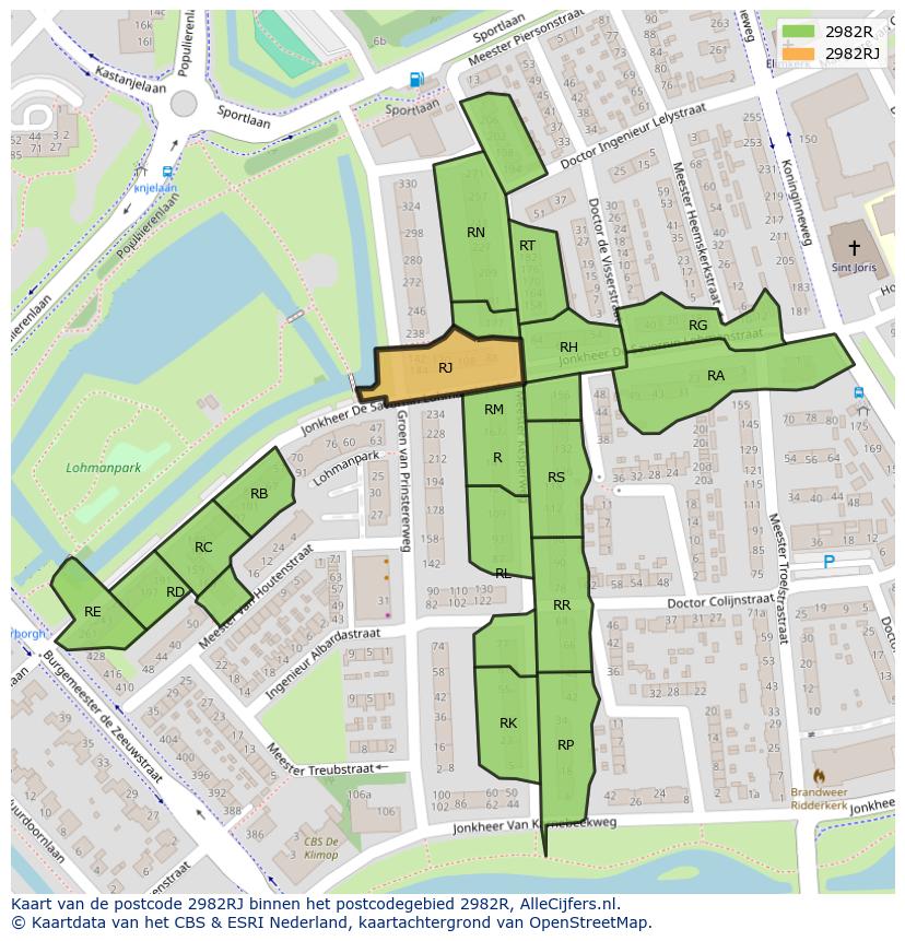 Afbeelding van het postcodegebied 2982 RJ op de kaart.