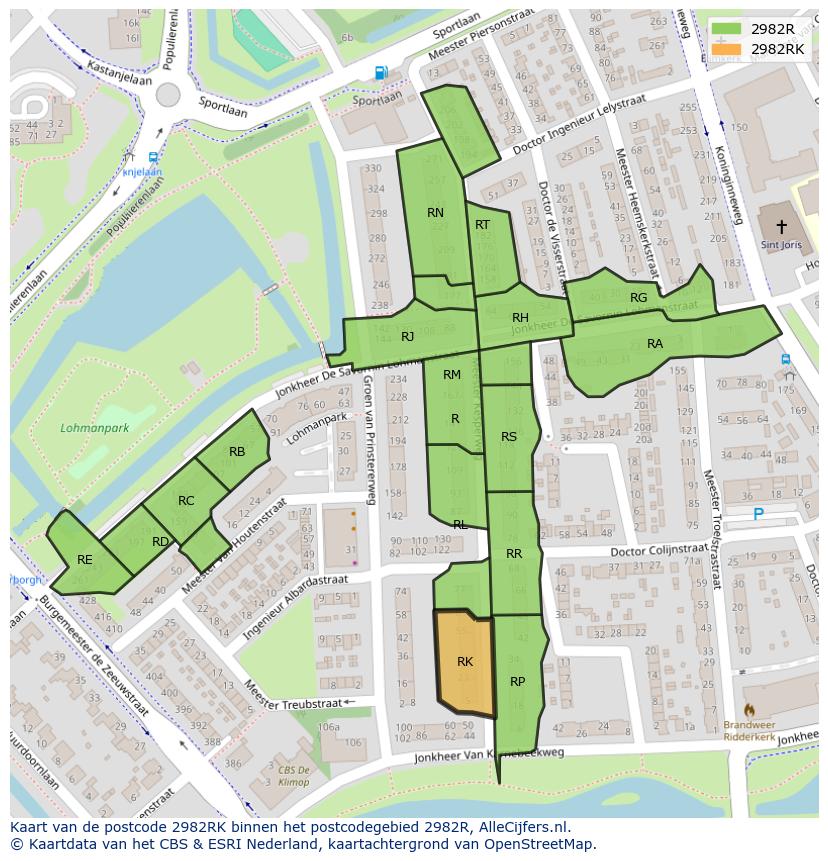 Afbeelding van het postcodegebied 2982 RK op de kaart.