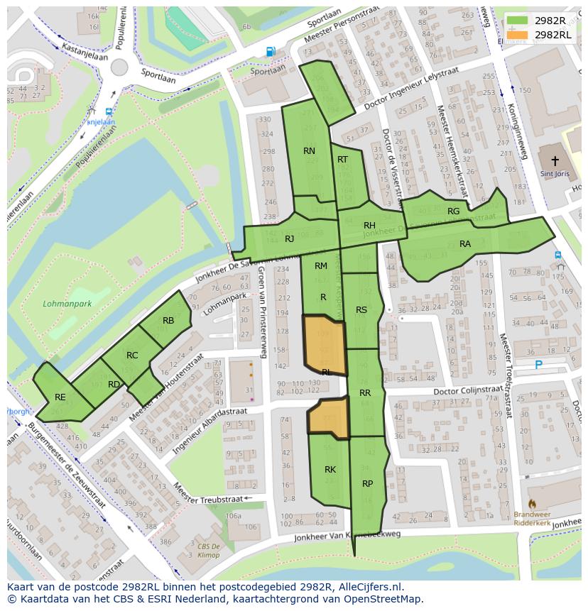 Afbeelding van het postcodegebied 2982 RL op de kaart.