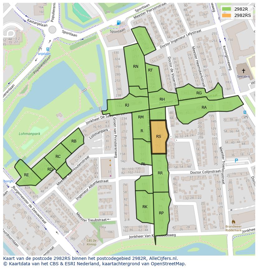 Afbeelding van het postcodegebied 2982 RS op de kaart.