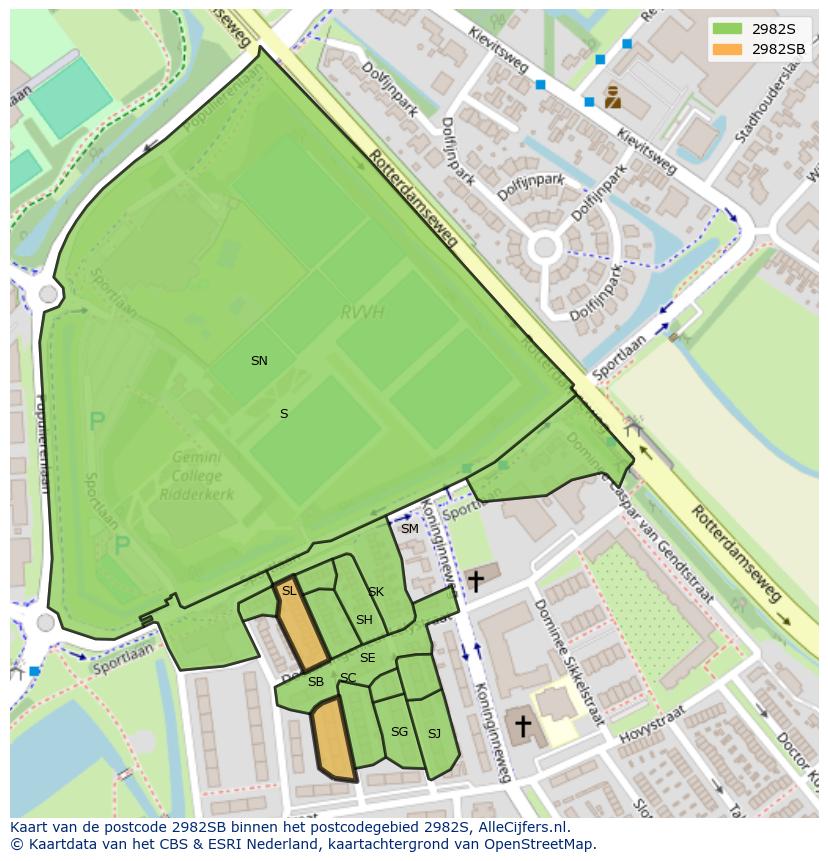 Afbeelding van het postcodegebied 2982 SB op de kaart.