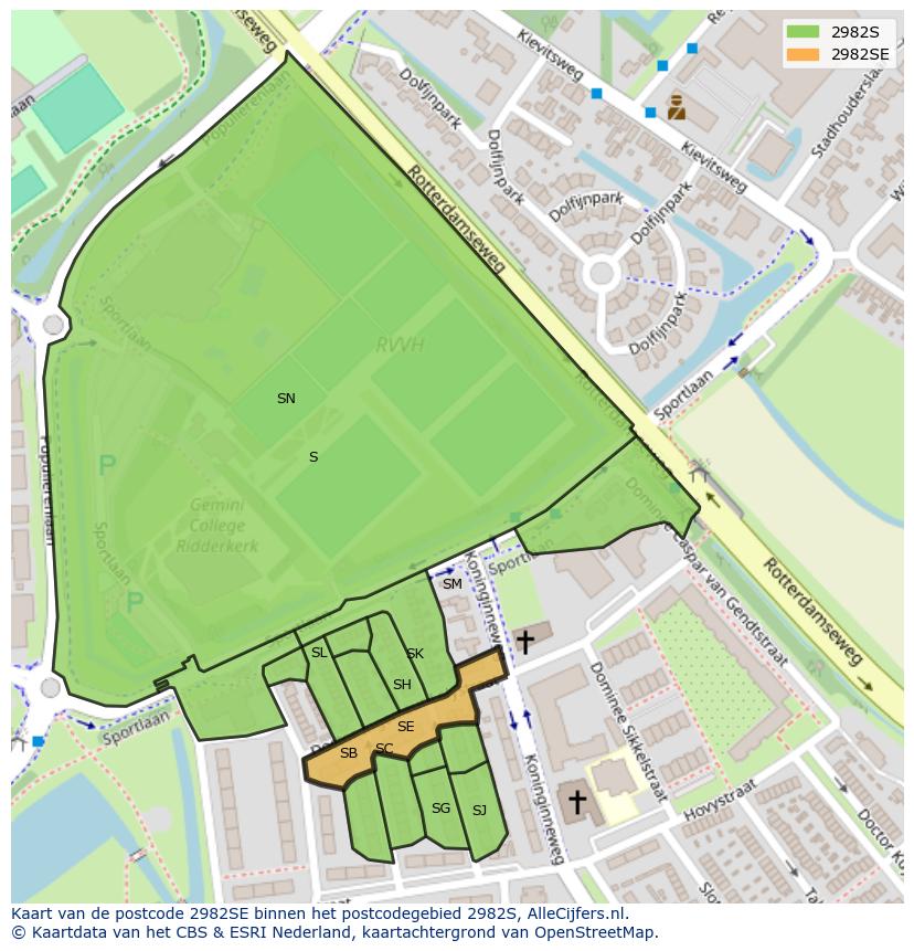 Afbeelding van het postcodegebied 2982 SE op de kaart.