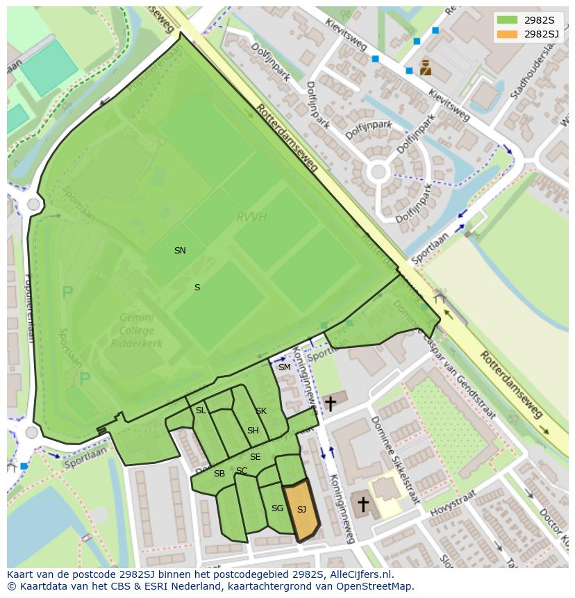 Afbeelding van het postcodegebied 2982 SJ op de kaart.