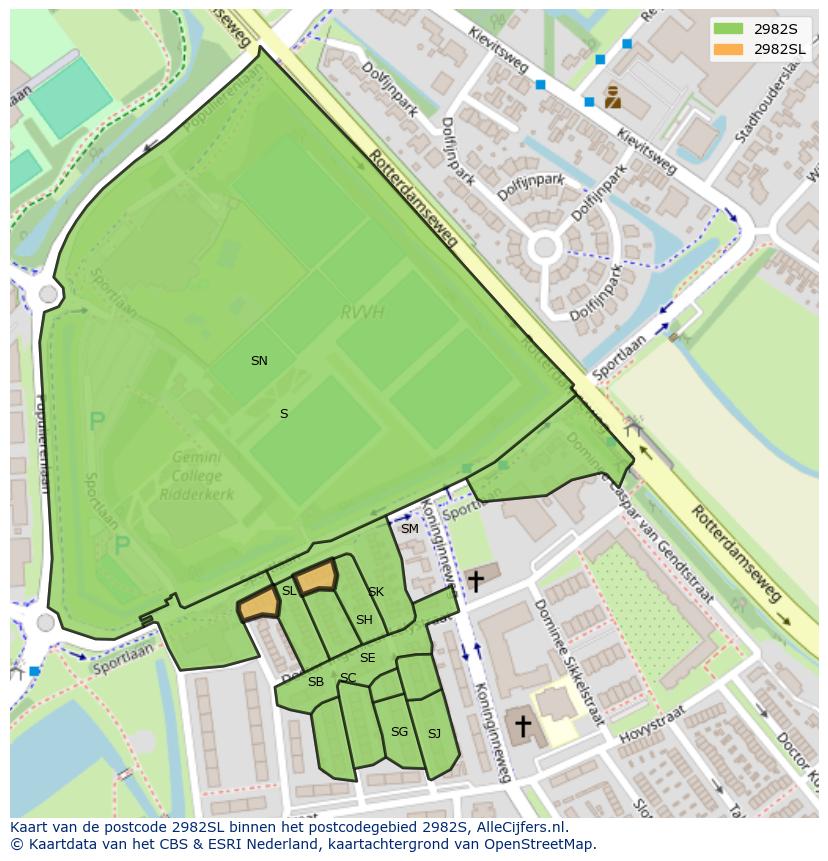 Afbeelding van het postcodegebied 2982 SL op de kaart.