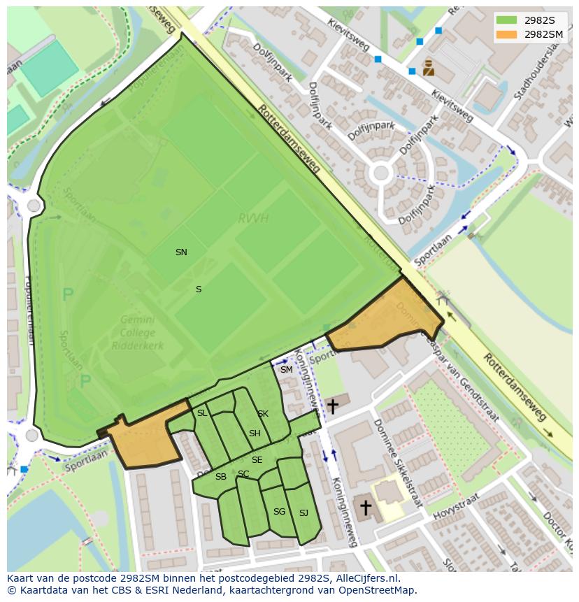 Afbeelding van het postcodegebied 2982 SM op de kaart.