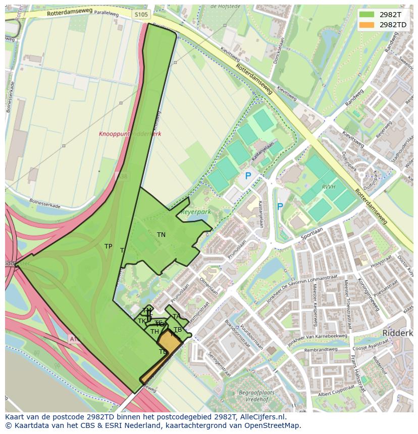 Afbeelding van het postcodegebied 2982 TD op de kaart.