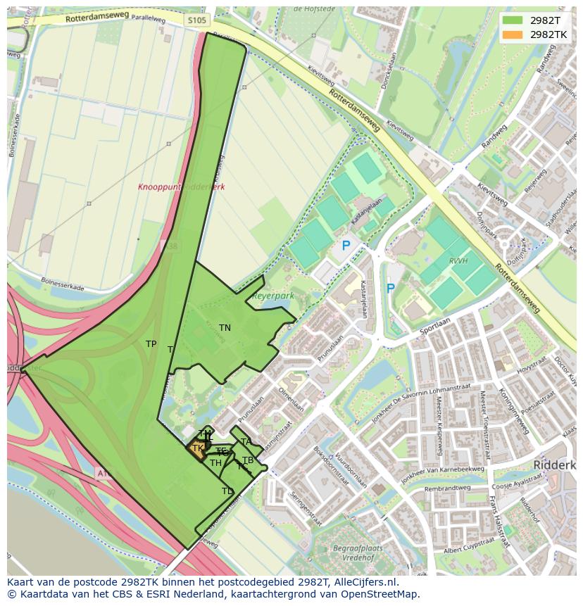 Afbeelding van het postcodegebied 2982 TK op de kaart.