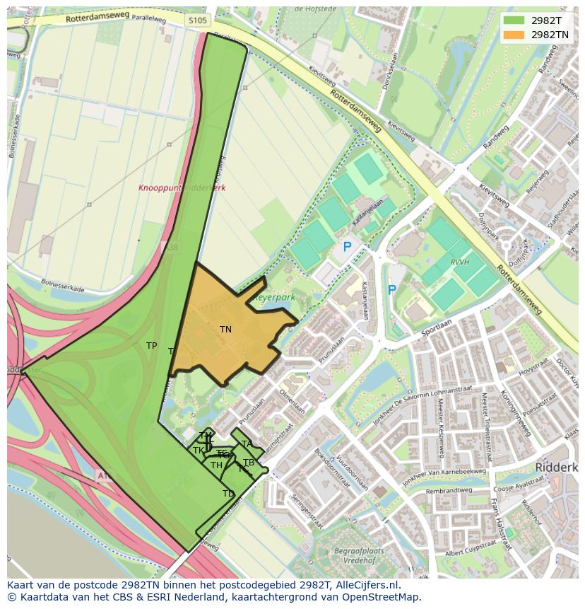 Afbeelding van het postcodegebied 2982 TN op de kaart.