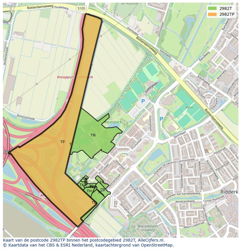 Afbeelding van het postcodegebied 2982 TP op de kaart.