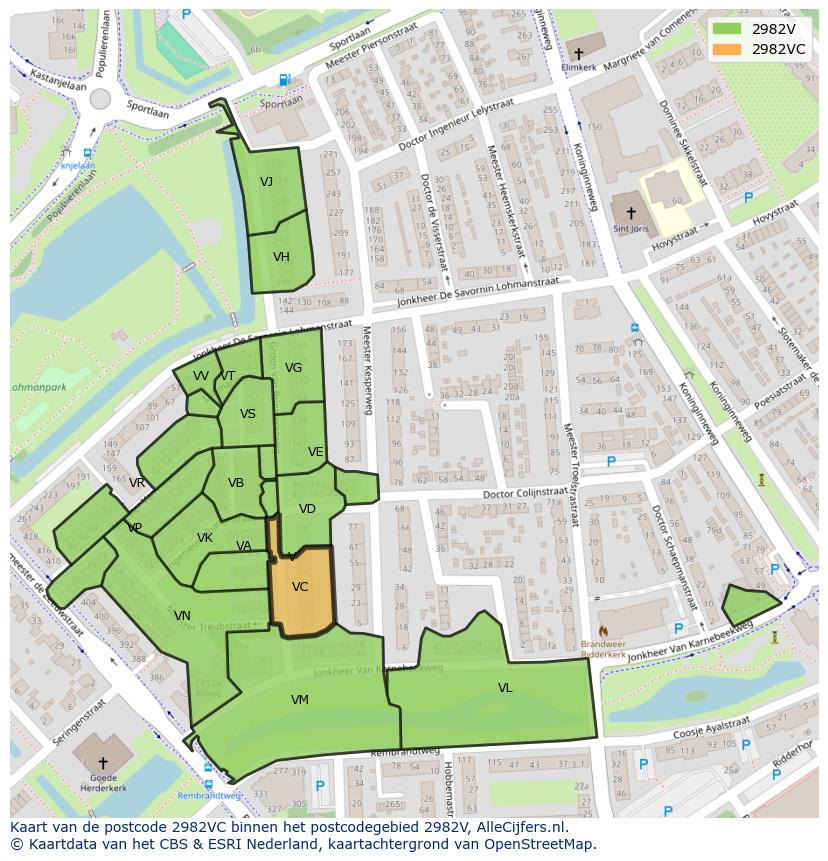 Afbeelding van het postcodegebied 2982 VC op de kaart.