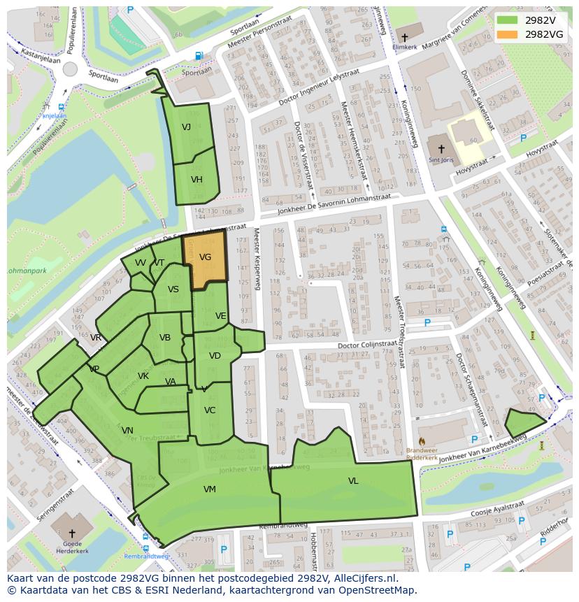 Afbeelding van het postcodegebied 2982 VG op de kaart.
