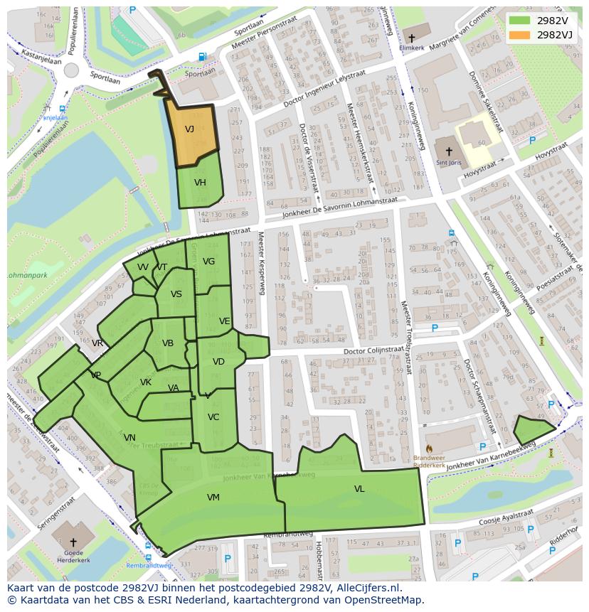 Afbeelding van het postcodegebied 2982 VJ op de kaart.