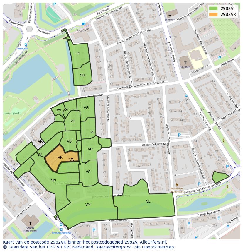 Afbeelding van het postcodegebied 2982 VK op de kaart.