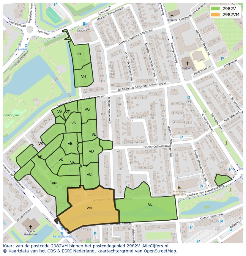 Afbeelding van het postcodegebied 2982 VM op de kaart.