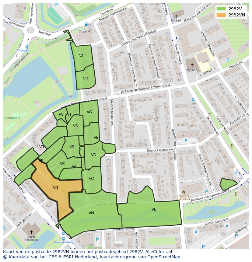 Afbeelding van het postcodegebied 2982 VN op de kaart.
