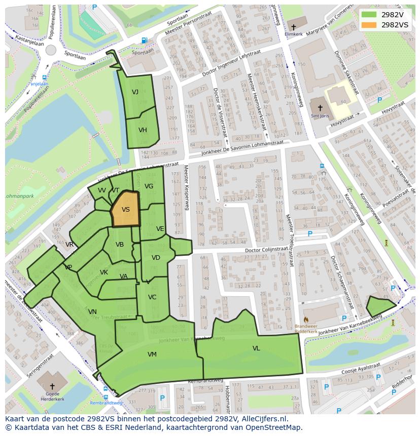 Afbeelding van het postcodegebied 2982 VS op de kaart.