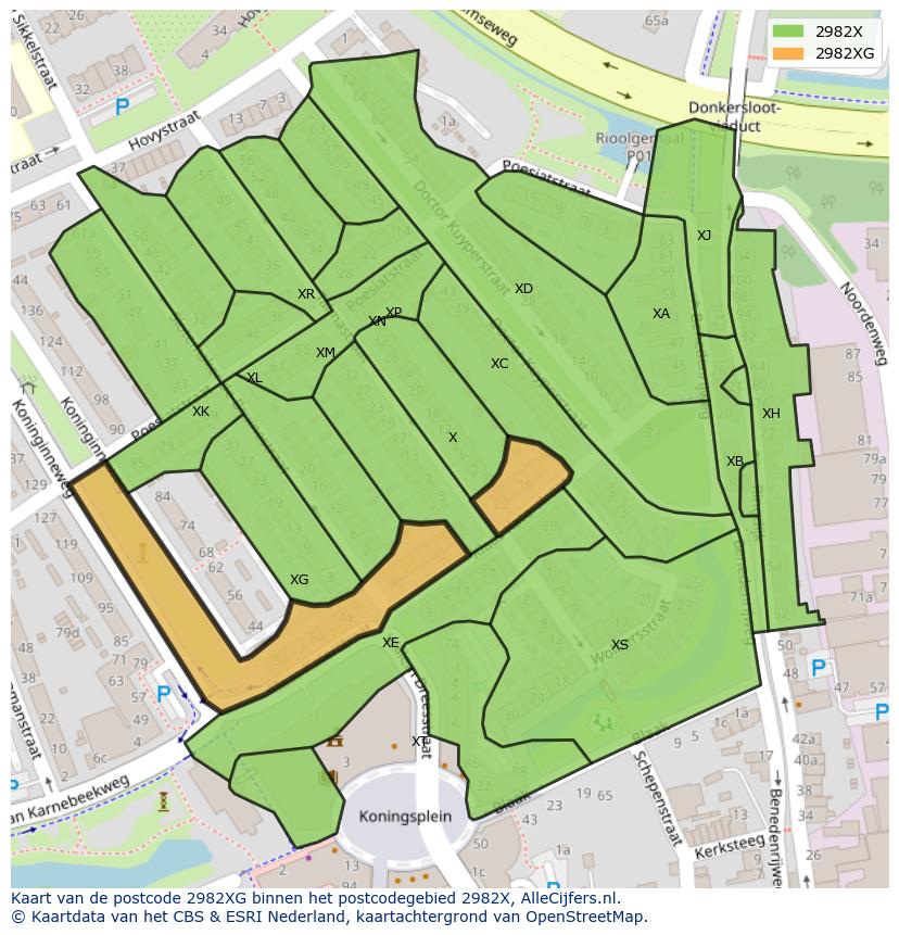 Afbeelding van het postcodegebied 2982 XG op de kaart.