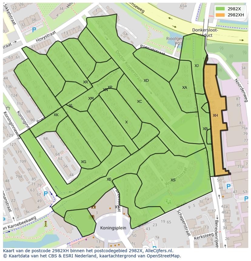 Afbeelding van het postcodegebied 2982 XH op de kaart.