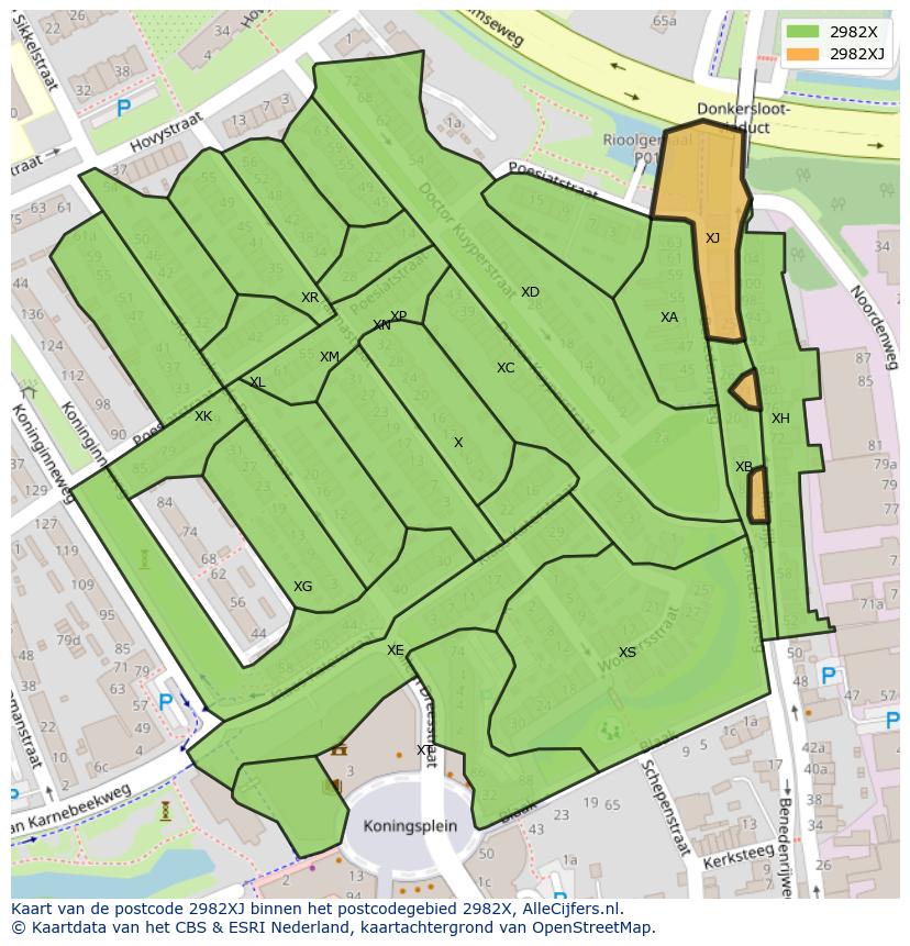 Afbeelding van het postcodegebied 2982 XJ op de kaart.