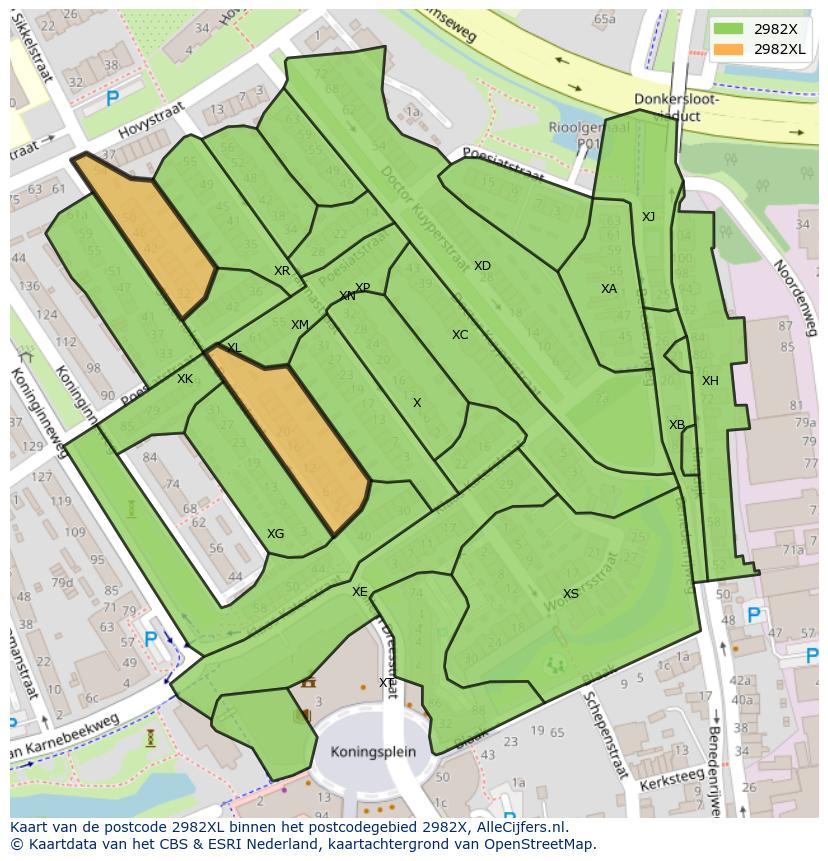 Afbeelding van het postcodegebied 2982 XL op de kaart.
